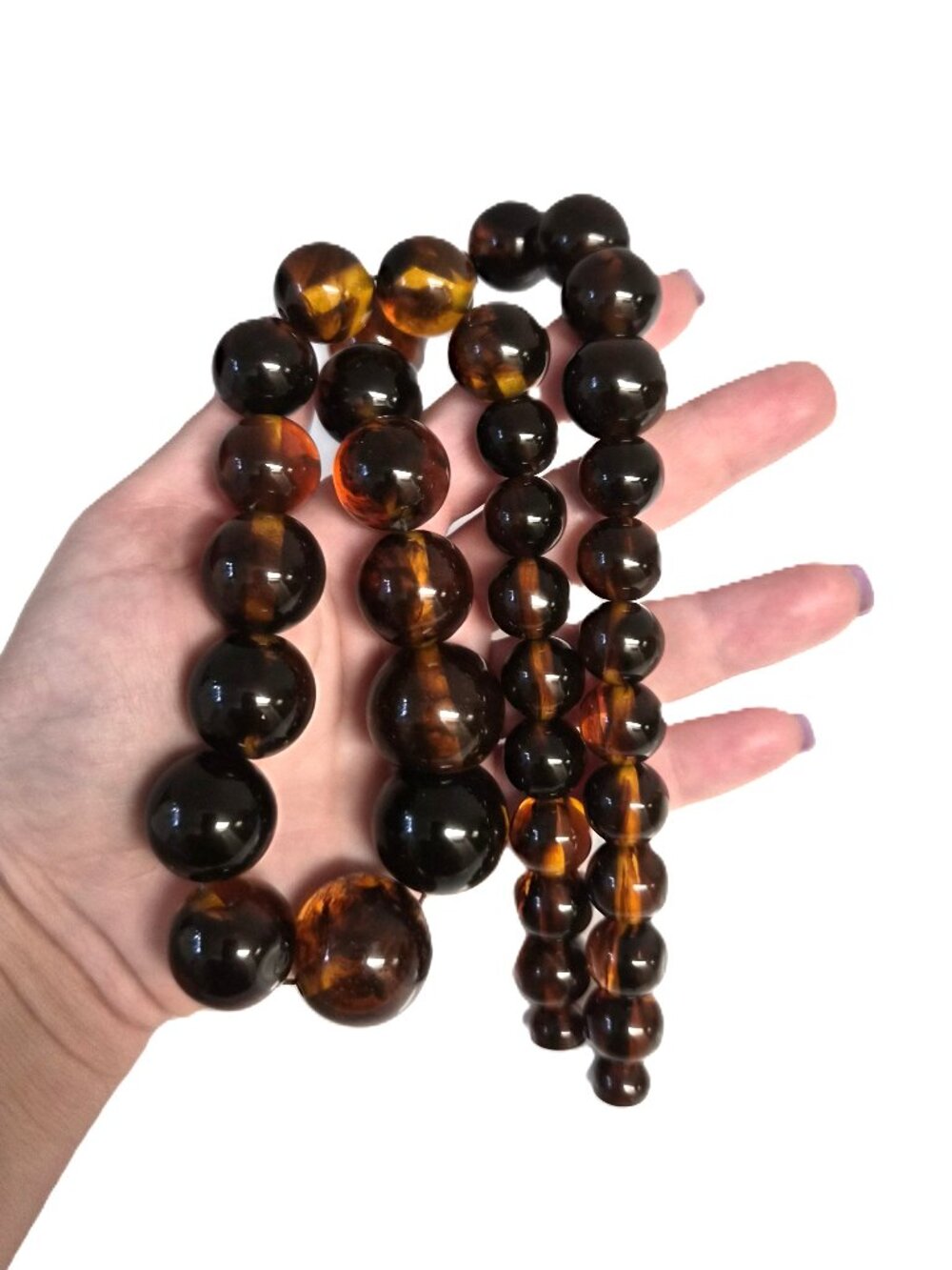 VTG Amber Lucite Necklace Graduated Swirl Beads Root Beer Chunky Midcentury Mod
